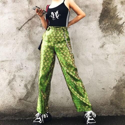 Super Fashion Chinese Style Retro Pants Women Soil Cool Dragon Hip Hop Embroidery High Waist Green Straight Pants Casual
