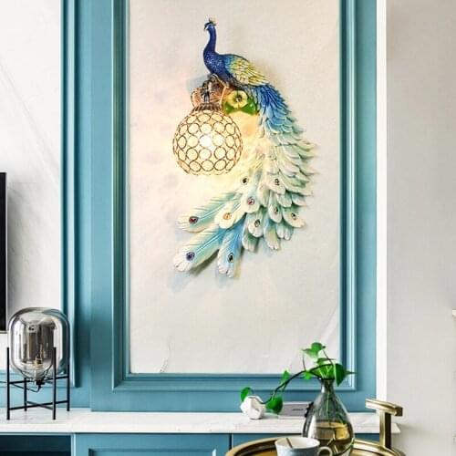 European Light Luxury Wall Lamp Color Peacock LED Lusters Crystal Lampshade Wall Light Bedroom Bedside Wall Sconce Lamp Fixtures