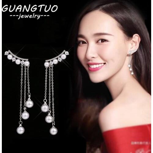 Korea Personality Simulated Pearls Long Tassels Drop Earrings For Women Female Crystal Dangle Brincos Jewelry Party Gift EB110