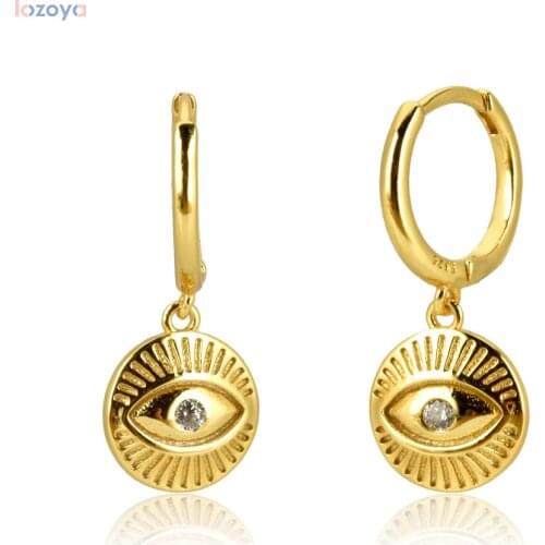 LOZOYA 925 Sterling Silver Gold Coins Piercing Pendiente Eyes Zircon CZ Round Drop Earring 2021 New Rock Punk Luck Eye Jewelry