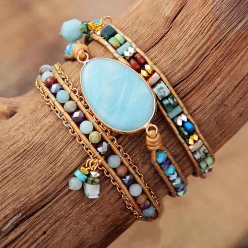 Multilayered Leather Wrap Bracelet W/ Natural Stone Amazonite Beaded Strands Bracelet Boho Beads Jewelry Wholesale Dropship