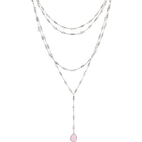 Fashion Natural Pink Multi-Layers Strand Necklace Quartz Stone Pendant for Women Girls