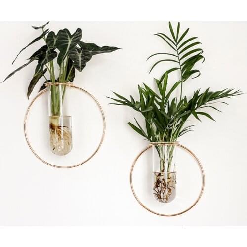 Nordic Wall Hanging Geometric Shape Light Luxury Metal Wrought Iron Test Tube Glass Vase Simple Floral Home Decoration