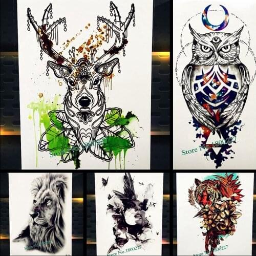 New Arrival Watercolor Moose Deer Horn Temporary Tattoo Sticker Women Body Arm Legs Flash Tattoo, Fake Men Tatoo Antler Buckhorn