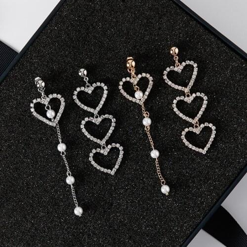New Korean Charm Pearl Tassel Crystal Love Heart Earrings for Women Fashion Asymmetric Drop Earring Luxury Jewelry