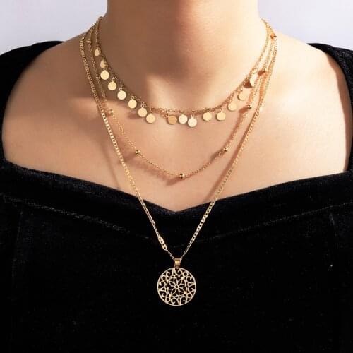 Docona Charm Geometric Hollow Flower Pendant Necklace for Women Gold Round Tassel Clavicle Chain Girls Jewelry Accessories 17428