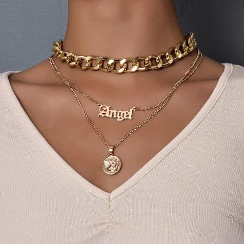 New Fashion Multilevel Exaggerated Necklaces For Women Female Vintage Thick Chain English Word Angel Portrait Necklace Jewelry