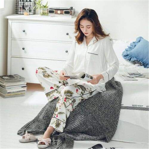 Cotton Nursing Pajamas Sets Pure white Cardigan+Pattern Trousers Maternity Striped Sleepwear Turn-down Collar Pregnant Women