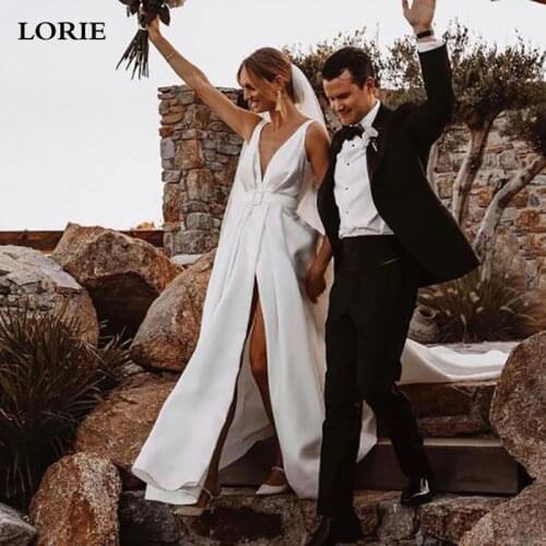 LORIE Simple Soft Satin A Line Wedding Dress Sexy V Neck Neck Side Split Bridal Dresses With Belt Custom Made Robe mariage