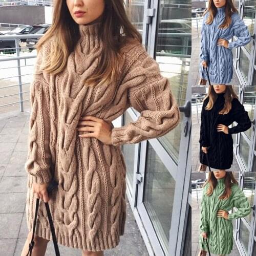 Dropshipping Women Autumn Winter Long Sleeve Turtleneck Twist Knitted Sweater Mini Dress