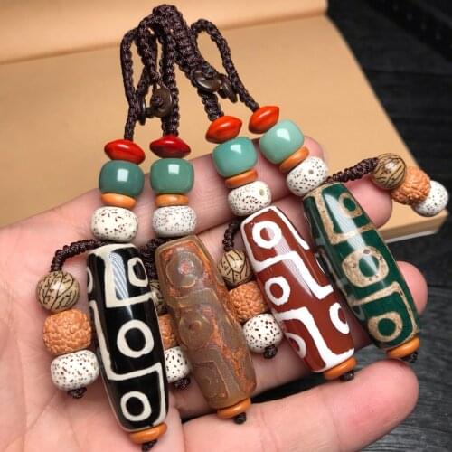 Hand Craft Natural Agat Stone Keychains Handbag Purse Holder Retro Healing 40mm Buddha Tibetan Dzi Agates Nine Eyed Key Chains