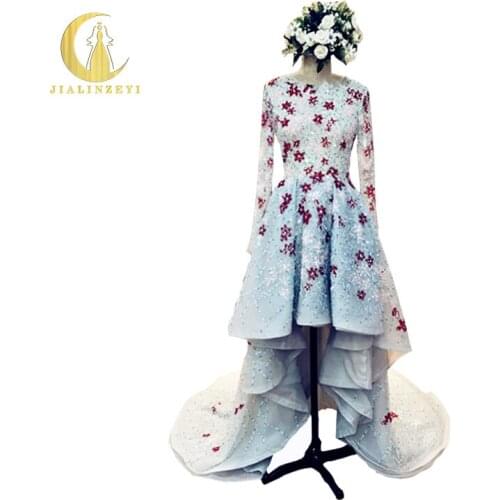 JIALINZEYI Real Pictures Zuhair Murad Long Sleeves Luxurious Front Short Long Back Green Party evening Dresses Fromal dresses