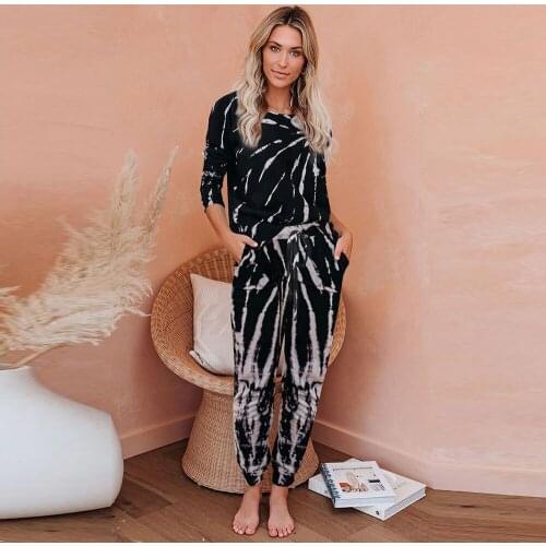 Outer Wear Home WOMENS Suit Europe and America Autumn and Winter New Style Tie-dye Printed Long Sleeve Trousers Split