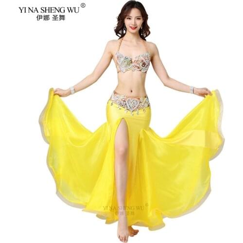 Women Egyptian Belly Dance Clothes Women Beaded Outfit Cup 34B/36B/38B Oriental Belly Dance Costume Set Bra Belt Skirt Yellow