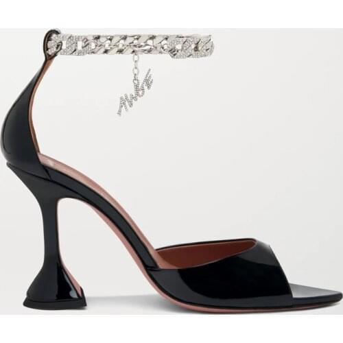 New Season Shoes Awge Flacko Crystal Chain Embellished Patent Leather Sandals Black Italy Flared Heels