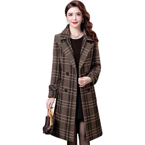 Woolen Coat Women Mid-Length Autumn Winter New Long Section Over The Knee Thick Warm Fashion Houndstooth Tartan Woolen Jacket