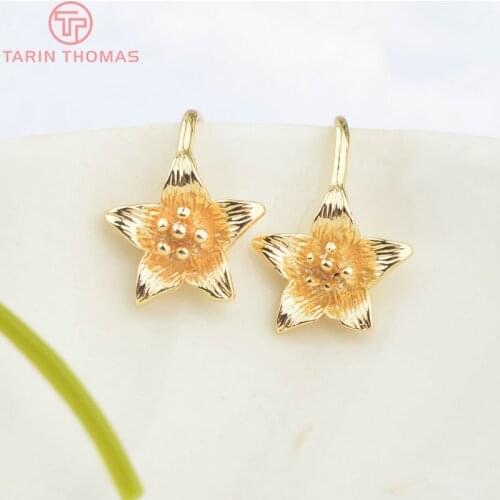 6PCS Height 20MM Flower 16x14MM 24K Gold Color Brass and Zircon Flower Earring Hook High Quality Diy Jewelry Accessories