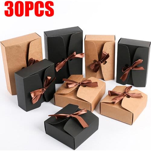 30PCS Kraft Paper Gift Boxes with Ribbon Baking Cookie Nougat Tart Dessert Packaging Box Takeway Case Wedding Party Favors Boxes