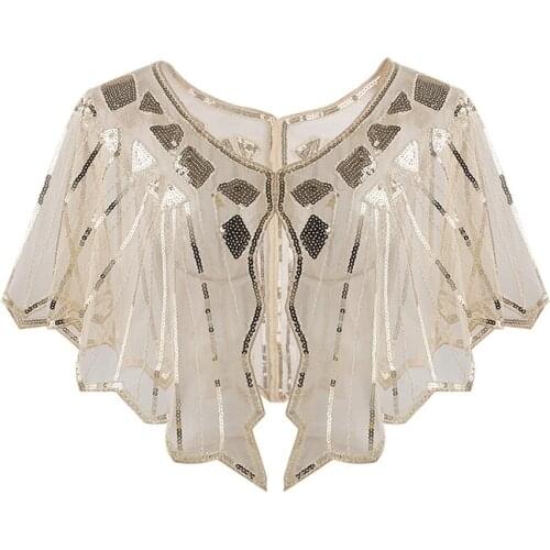 AECU Wedding Dress Accessories Pashmina Beaded Sequin Shawl Embroidery Vintage Mesh Shawl Retro Party Evening Dress Cape