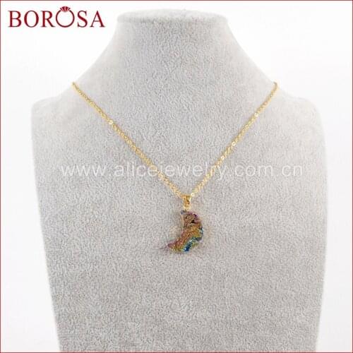 BOROSA Design 5/10PCS 16" Gold Color Moon Rainbow Titanium Galaxy Druzy Quartz Pendant Necklace Jewelry for Women Gift G1611-N