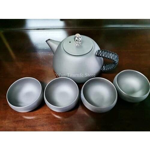 Pure Titanium Single wall Teaware Tea Ware Tea pot 350ml 86g 1pc + Doulbe wall Heat insulation Teacup 25g/pc 4pcs Matte Surface