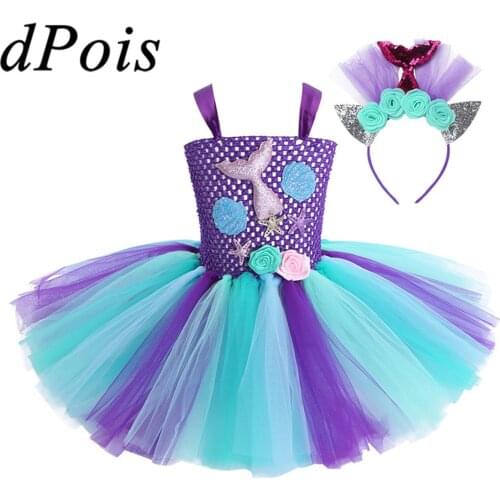 Girls Mermaid Tail Scallop Starfish Applique 3D Flower Sleeveless Mesh Tutu Dress Princess Dress Up Kids Cosplay Costume Outfit