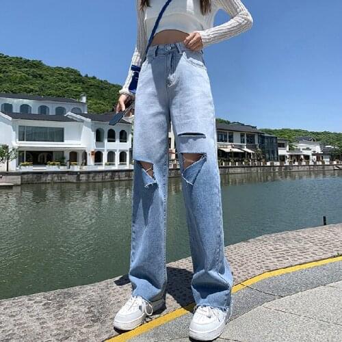 Gradient jeans womens summer high waist straight tube loose wide leg floor pants ins moisture thin