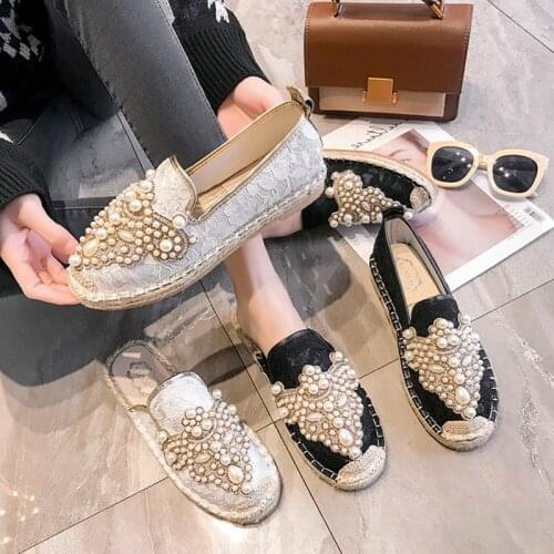 Sexy lace mesh espadrilles women pearl beading flats straw pattern crystal fisherman shoes woman pearl slides slip on loaferNS89