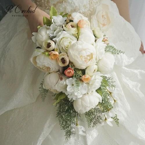 PEORCHID Artificial Bridal Bouquet Waterfall Style Peony Bouquet Green Leaves Teardrop Wedding Bride Hand Holding Flower