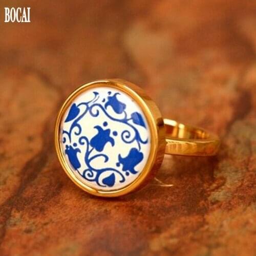 New High temperature firing 2.0CM round face cloisonne ring for woman enamel jewelry high quality gift blue and white rhyme
