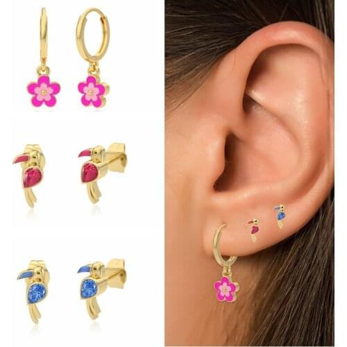 Aide 2021 trend Jewelry Set S925 Silver Stud Earrings For Women Girl Love bird CZ Enamel Pink Hoops Engagement Gift accesorios