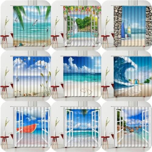 Summer Scenery Shower Curtain Waves Window Butterfly Flower Bird Bedroom Curtain Photography Background Bathtub Decoration