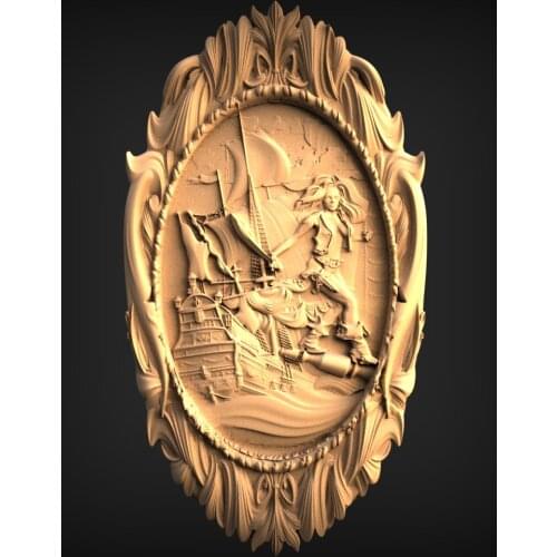 STL Model for CNC Router 3D Printer Artcam Aspire Bas Relief_pirate boat in Oval decor frame