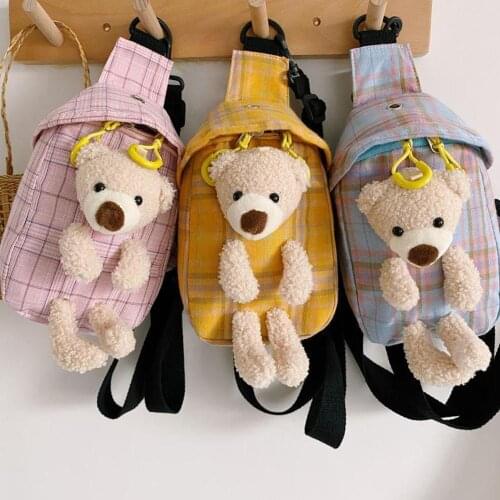 Fashion Women Cute Bear Checked Messenger Bag Ladies Canvas Bag Plaid Pattern Chest Bag Shoulder Bag