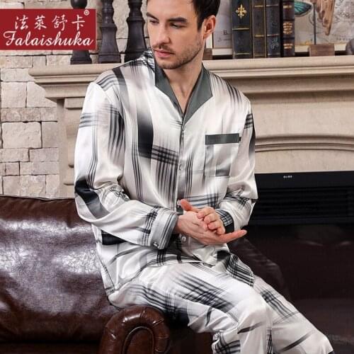 Fashion plaid 100% mulberry silk pajamas sets men Sleepwear high quality genuine silk noble male elegant pyjamas sets men T9028