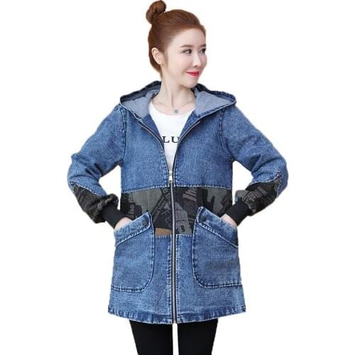New 2021 Denim Jackets Womens Spring Autumn Mid-length Splicing Plus Size Jeans Jacket Woman Overcoat Casual Loose hooded Coat