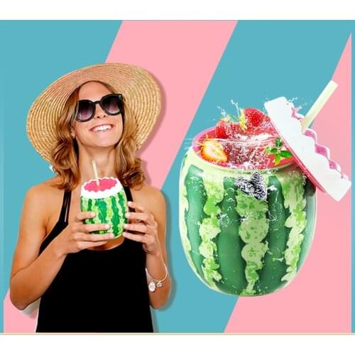 2021 Summer New Water Cup Watermelon Plastic Cup Cooler Jug Fruit Creative Gift Double Straw Cup Beach Household Items