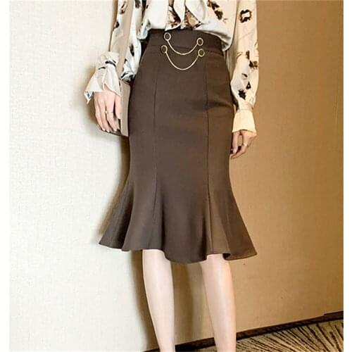 Alien Kitty Bodycon Mermaid Mid-length Skirts Pure Color Ruffles 2021 Femme Elegant Vintage Chic Slim Trumpets Sexy Party Prom