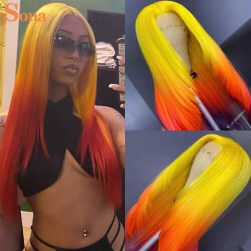 Yellow-Red Lace Front Wig Brazilian Remy Colored 2 Tones Ombre Green Pink Purple Blonde Human Hair Wigs For Women