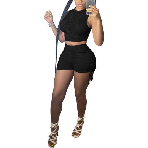 S-2XL summer two piece set 2021 women clothing Solid sleeveless top And Shirring sport shorts outfit Wholesale Dropshipping