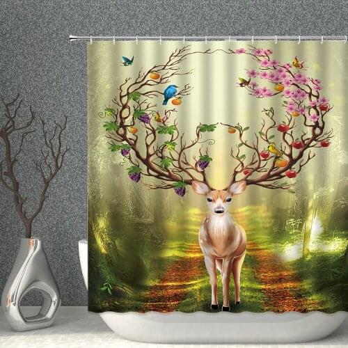 Cute Elk Forest Flower Bird Shower Curtain Set Bathroom Supplies High Quality Fabric With Hooks 3D Printing Decor Cloth Curtain