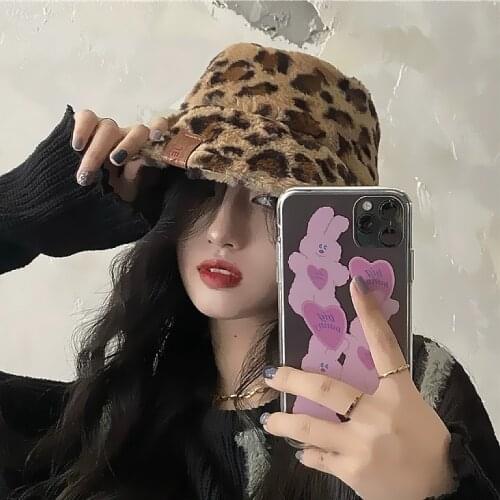 Fisherman Hat Women Autumn/winter Fashion Leopard Print Bucket Hat Warm and Thick Plush Basin Hat