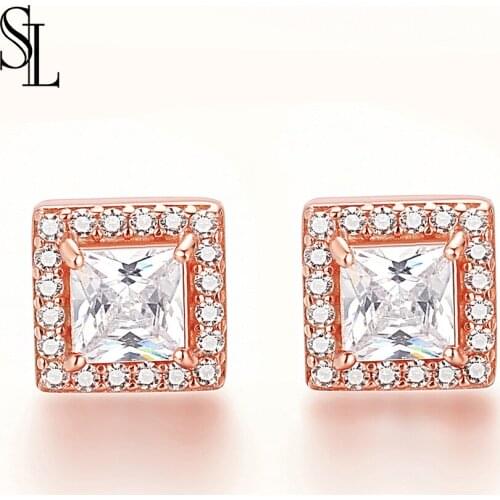 SL Luxury Women White Square Stud Earring With AAA Zircon 925 Silver Color Double Earrings For Women Fine Jewelry