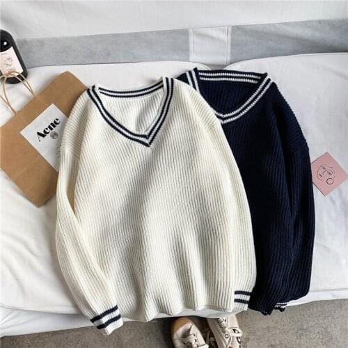 Fashion Spring Autumn Men Clothes V-Neck Solid Color Stripes Sweater Korean College style ins student loose Knit Thick pullovers