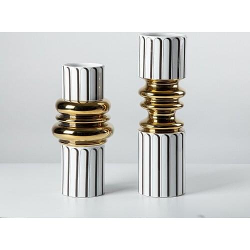 Creative Gold Double Ear Black and White Vertical Pattern Face Ceramic Vase Modern Living Room Decoration Light Luxury Ornaments