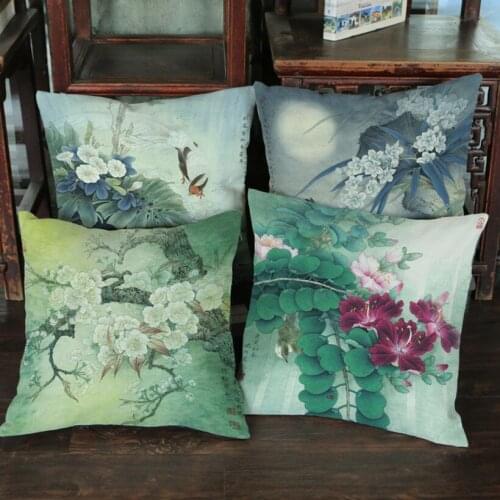 Chinese Style Vintage Ink Painting Flowers Bird Lotus Cotton Linen Decorative Cushion Cover Car Sofa Home Decoration Pillow Case