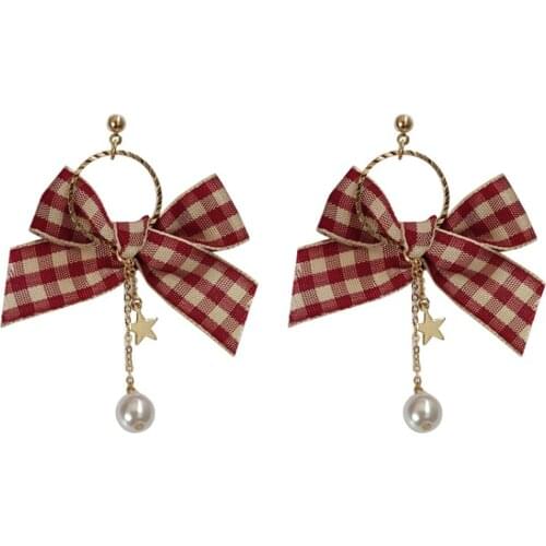South Korea Bohemia Trendy Contracted Bowknot Pearl Earring Red Squares Long Chain Geometric Cute/Romantic Stud Earrings