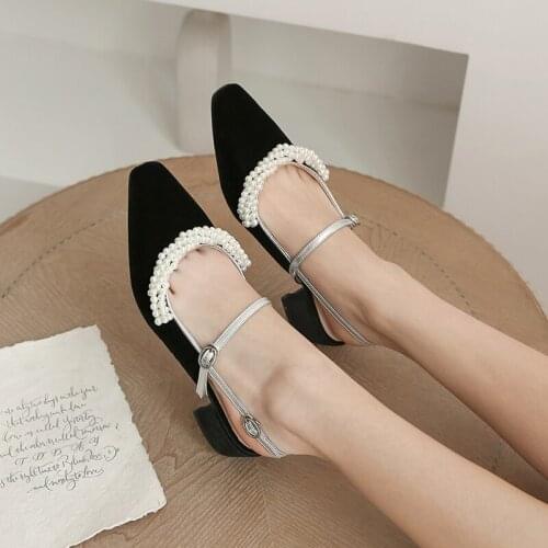 2021 Spring Summer Women Sandals Mary Janes Dress Shoes String Bead Slingbacks Mid Heels Pumps Pearls sandalias mujer 8980G