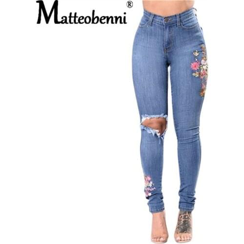 2021 Plus Size Vintage Stretch Tight Pencil Jeans Women Sexy High Waist Embroidered Floral Print Ripped Slim Denim Pant Trousers