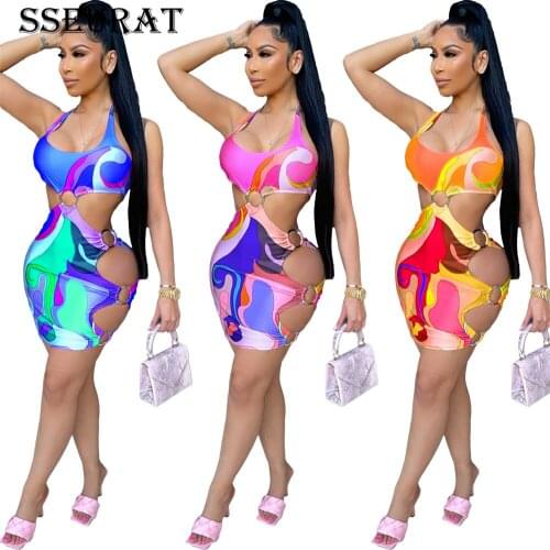 SSEURAT Women Dress Print Hollow Out Spaghetti Strap Halter Sheath Elastic Mini Dresses Sexy Night Party Dress Outfit
